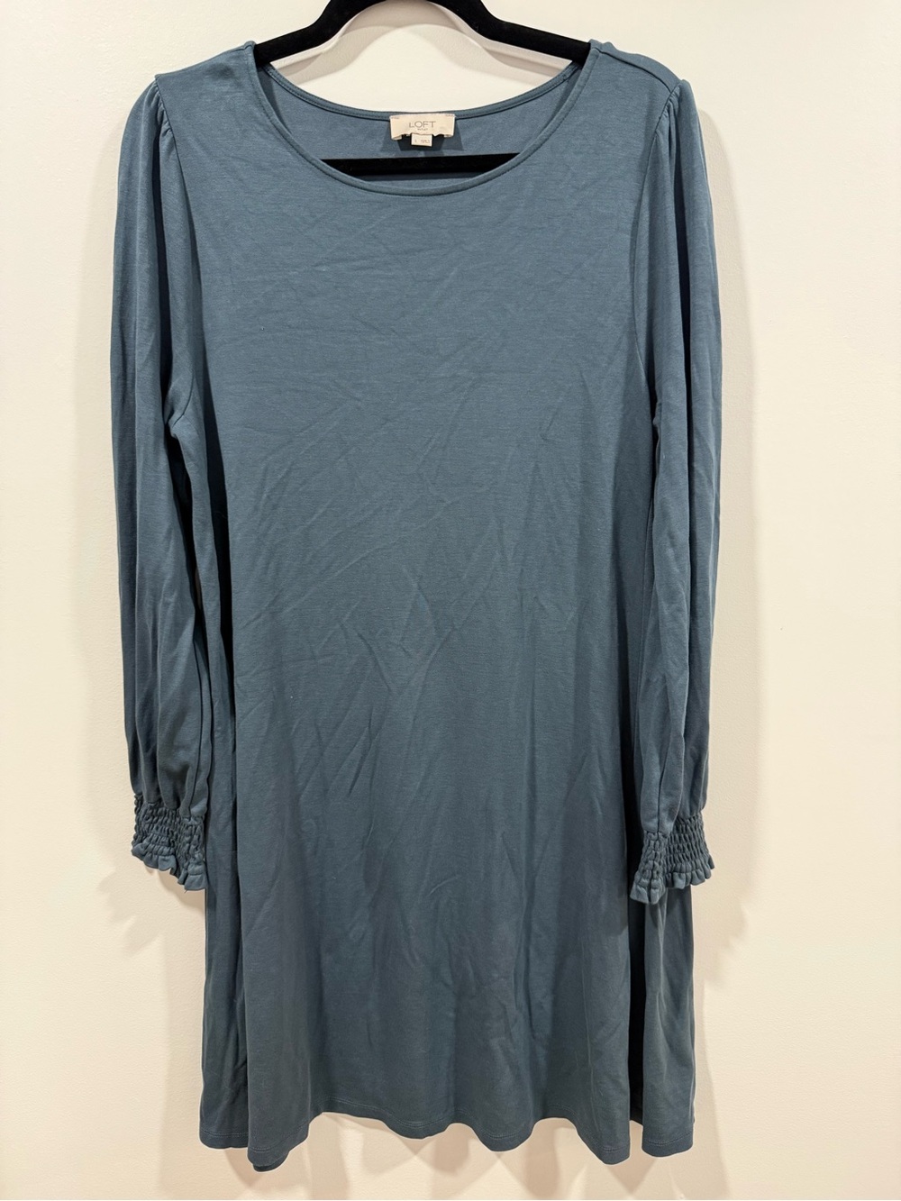 LOFT Dusty Blue Long-Sleeve Smocked Cuff Dress